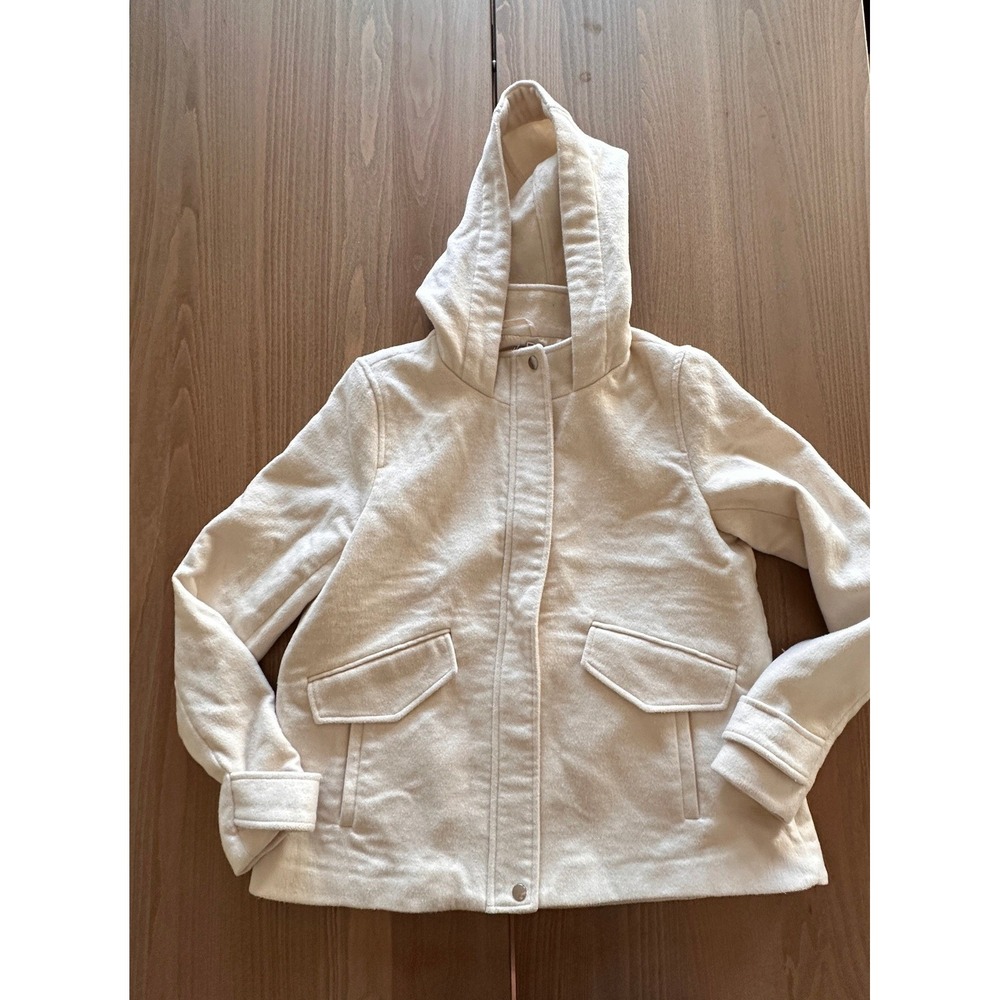 Zara Basic Outerwear Cream Hooded Zip Front Flap Pocket Jacket Womens Medium